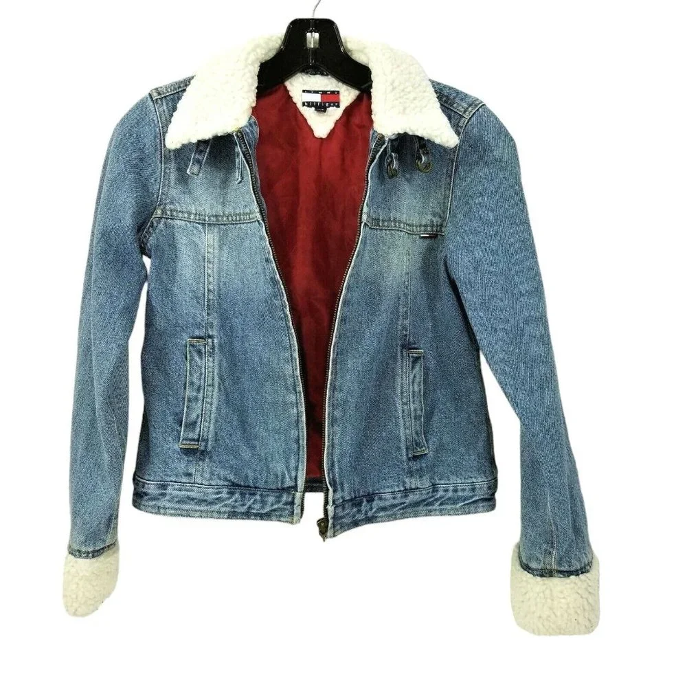 Tommy Hilfiger Kids Vintage Denim Jacket Blue Sz L Faux Sherpa Collar Cuffs Logo - Picture 12 of 13